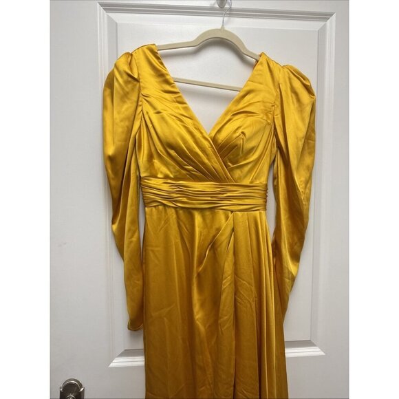 New Mac Duggal Size 6 Yellow 12404 Long Sleeve Satin Formal Cocktail Gown Dress - Picture 5 of 11